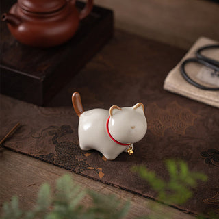 Buddha Gift Mini Lucky Cute Standing Cat Red Rope Bell Ceramic Figurine Decoration
