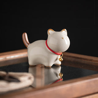 Buddha Gift Mini Lucky Cute Standing Cat Red Rope Bell Ceramic Figurine Decoration