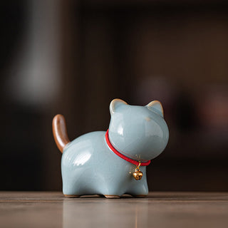 Buddha Gift Mini Lucky Cute Standing Cat Red Rope Bell Ceramic Figurine Decoration