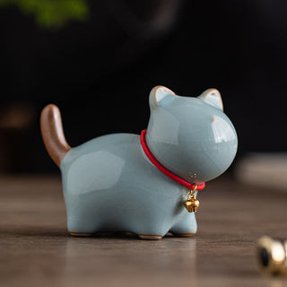 Buddha Gift Mini Lucky Cute Standing Cat Red Rope Bell Ceramic Figurine Decoration