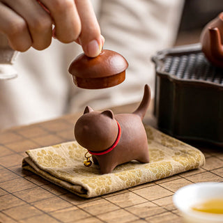 Buddha Gift Mini Lovely Red Rope Bell Cat Tea Pet Purple Clay Figurine Desk Decoration