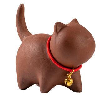Buddha Gift Mini Lovely Red Rope Bell Cat Tea Pet Purple Clay Figurine Desk Decoration