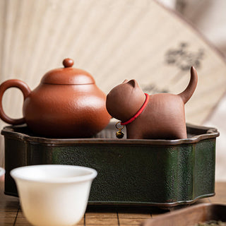 Buddha Gift Mini Lovely Red Rope Bell Cat Tea Pet Purple Clay Figurine Desk Decoration