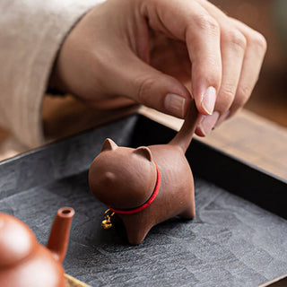 Buddha Gift Mini Lovely Red Rope Bell Cat Tea Pet Purple Clay Figurine Desk Decoration