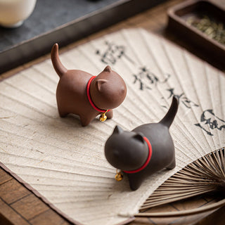 Buddha Gift Mini Lovely Red Rope Bell Cat Tea Pet Purple Clay Figurine Desk Decoration