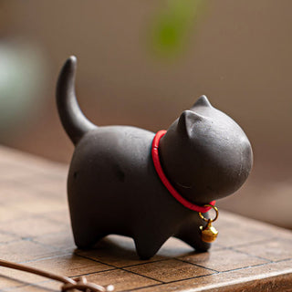 Buddha Gift Mini Lovely Red Rope Bell Cat Tea Pet Purple Clay Figurine Desk Decoration