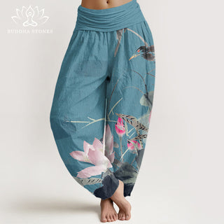Buddha Gift Pink Lotus Leaves Bird Pattern Women's Elastic Waist Harem Pants