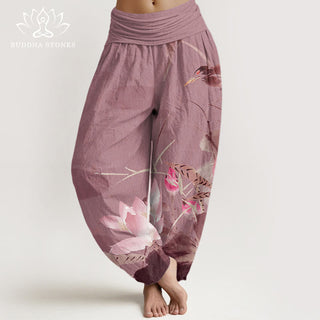Buddha Gift Pink Lotus Leaves Bird Pattern Women's Elastic Waist Harem Pants