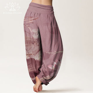 Buddha Gift Pink Lotus Leaves Bird Pattern Women's Elastic Waist Harem Pants