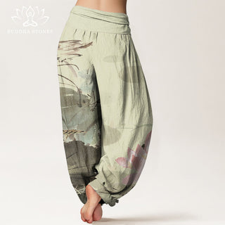 Buddha Gift Pink Lotus Leaves Bird Pattern Women's Elastic Waist Harem Pants