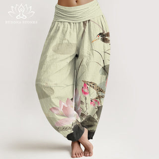 Buddha Gift Pink Lotus Leaves Bird Pattern Women's Elastic Waist Harem Pants