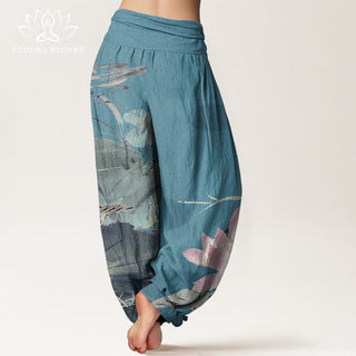 Buddha Gift Pink Lotus Leaves Bird Pattern Women's Elastic Waist Harem Pants