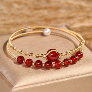 Buddha Gift 14K Gold Filled Copper Natural Red Agate Beads Confidence Metal Cuff Bracelet Bangle