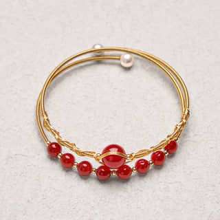 Buddha Gift 14K Gold Filled Copper Natural Red Agate Beads Confidence Metal Cuff Bracelet Bangle