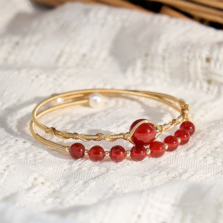 Buddha Gift 14K Gold Filled Copper Natural Red Agate Beads Confidence Metal Cuff Bracelet Bangle