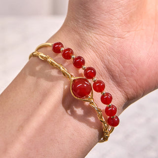 Buddha Gift 14K Gold Filled Copper Natural Red Agate Beads Confidence Metal Cuff Bracelet Bangle