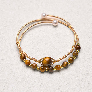 Buddha Gift 14K Gold Filled Copper Natural Tiger Eye Protection Metal Cuff Bracelet Bangle
