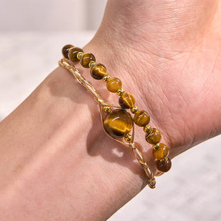 Buddha Gift 14K Gold Filled Copper Natural Tiger Eye Protection Metal Cuff Bracelet Bangle