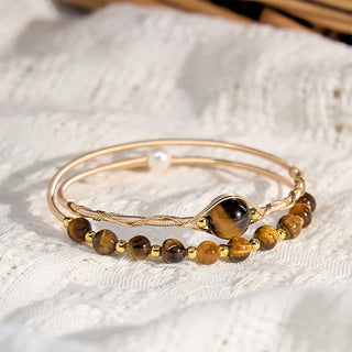 Buddha Gift 14K Gold Filled Copper Natural Tiger Eye Protection Metal Cuff Bracelet Bangle
