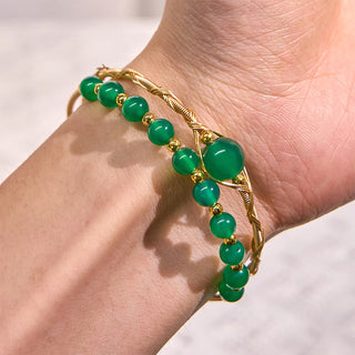 Buddha Gift 14K Gold Filled Copper Natural Green Agate Power Metal Cuff Bracelet Bangle