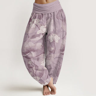 Buddha Gift Pure Cotton Lotus Design Women's Elastic Waist Harem Pants