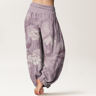 Buddha Gift Pure Cotton Lotus Design Women's Elastic Waist Harem Pants