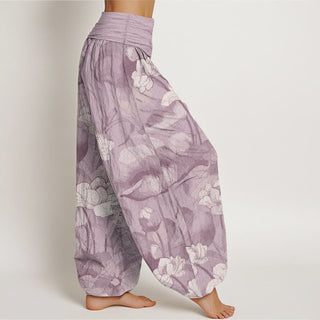 Buddha Gift Pure Cotton Lotus Design Women's Elastic Waist Harem Pants