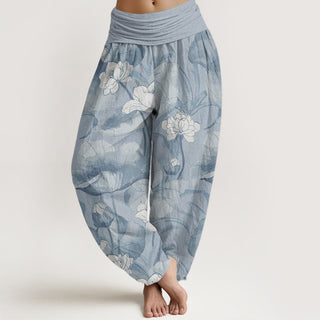 Buddha Gift Pure Cotton Lotus Design Women's Elastic Waist Harem Pants