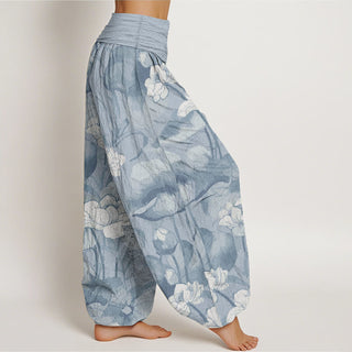 Buddha Gift Pure Cotton Lotus Design Women's Elastic Waist Harem Pants