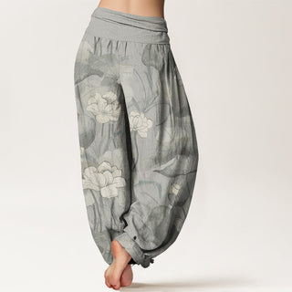 Buddha Gift Pure Cotton Lotus Design Women's Elastic Waist Harem Pants