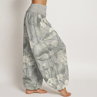 Buddha Gift Pure Cotton Lotus Design Women's Elastic Waist Harem Pants
