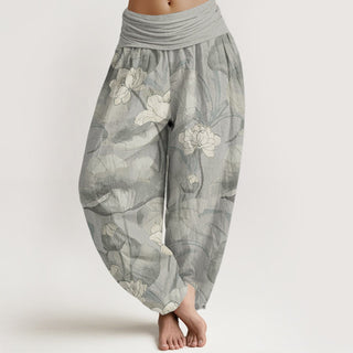Buddha Gift Pure Cotton Lotus Design Women's Elastic Waist Harem Pants