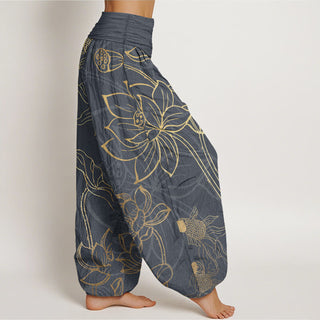 Buddha Gift Pure Cotton Lotus Leaf Koi Fish Women's Elastic Waist Harem Pants