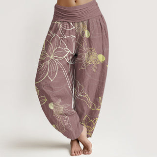 Buddha Gift Pure Cotton Lotus Leaf Koi Fish Women's Elastic Waist Harem Pants