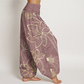 Buddha Gift Pure Cotton Lotus Leaf Koi Fish Women's Elastic Waist Harem Pants