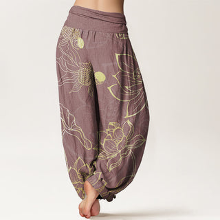 Buddha Gift Pure Cotton Lotus Leaf Koi Fish Women's Elastic Waist Harem Pants