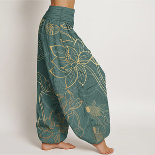 Buddha Gift Pure Cotton Lotus Leaf Koi Fish Women's Elastic Waist Harem Pants