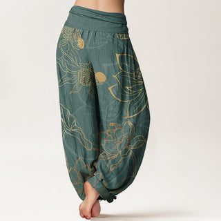 Buddha Gift Pure Cotton Lotus Leaf Koi Fish Women's Elastic Waist Harem Pants