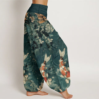Buddha Gift Pure Cotton Colorful Koi Fish Lotus Flowers Design Women's Elastic Waist Harem Pants