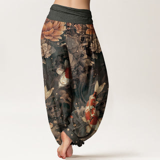 Buddha Gift Pure Cotton Colorful Koi Fish Lotus Flowers Design Women's Elastic Waist Harem Pants