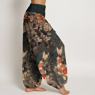 Buddha Gift Pure Cotton Colorful Koi Fish Lotus Flowers Design Women's Elastic Waist Harem Pants