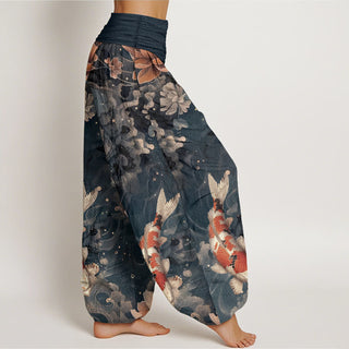 Buddha Gift Pure Cotton Colorful Koi Fish Lotus Flowers Design Women's Elastic Waist Harem Pants