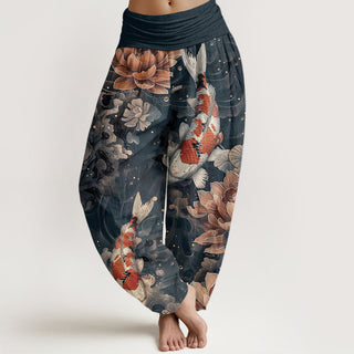 Buddha Gift Pure Cotton Colorful Koi Fish Lotus Flowers Design Women's Elastic Waist Harem Pants