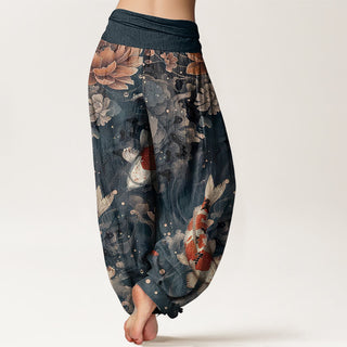 Buddha Gift Pure Cotton Colorful Koi Fish Lotus Flowers Design Women's Elastic Waist Harem Pants