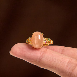 Buddha Gift Hollow Vine Design Peach Moonstone Adjustable Happiness Ring