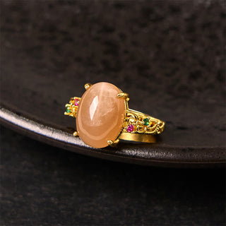 Buddha Gift Hollow Vine Design Peach Moonstone Adjustable Happiness Ring