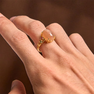 Buddha Gift Hollow Vine Design Peach Moonstone Adjustable Happiness Ring