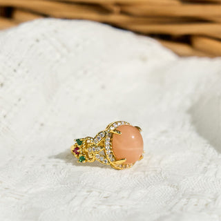 Buddha Gift Vintage Prong Setting Four Leaf Flower Design Peach Moonstone Adjustable Soothing Ring