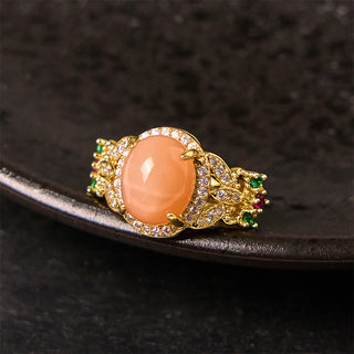 Buddha Gift Vintage Prong Setting Four Leaf Flower Design Peach Moonstone Adjustable Soothing Ring