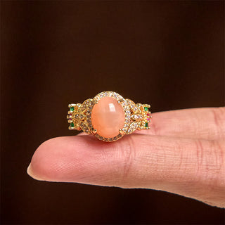 Buddha Gift Vintage Prong Setting Four Leaf Flower Design Peach Moonstone Adjustable Soothing Ring